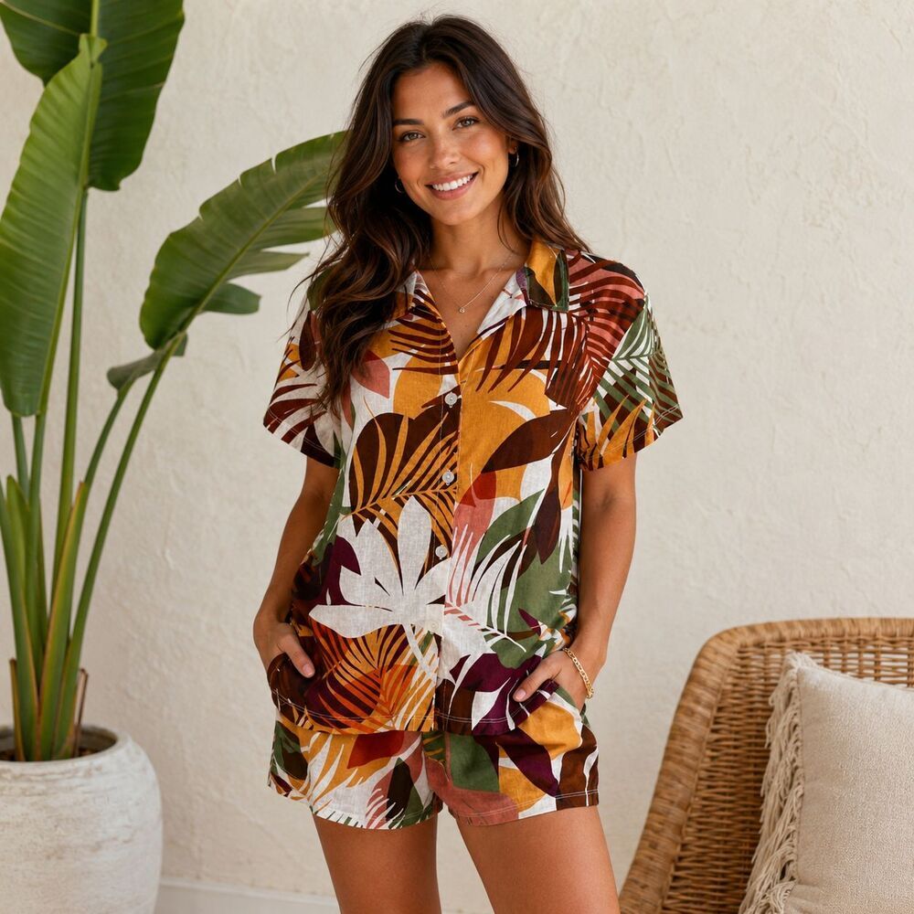 Vitamin A Linen Blend Tropical Leaf Shirt Shorts Set Pockets Resort Womens L XL